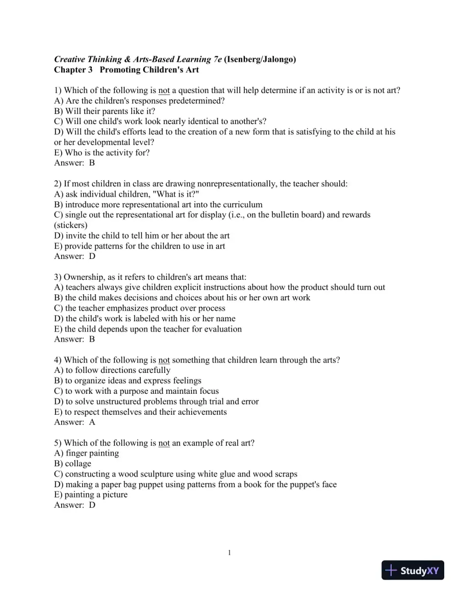 Test Bank for Creative Thinking and Arts-Based Learning: Preschool Through Fourth Grade, 7th Edition, page 23