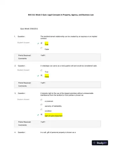 BUS 311 Week 3 Quiz: Legal Concepts in Property, Agency, and Business Law - Page 1 preview image