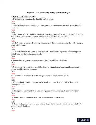 ACC/206 Strayer Accounting Principles II Week 6 Quiz - Page 1 preview image