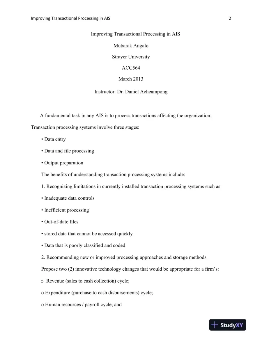 ACC564 Improving Transactional Processing in AIS Strayer University, page 3