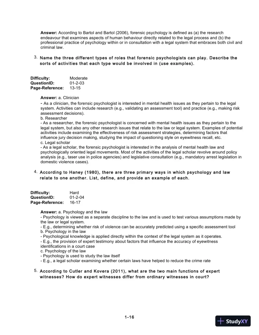 Test Bank For Forensic Psychology, 5th Edition, page 18