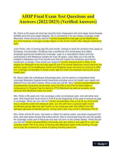 2022-2023 AHIP Healthcare Final Exam With Answers (216 Solved Questions) - Page 1 preview image