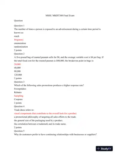 MSSU MKRT300 Final Exam - Page 1 preview image