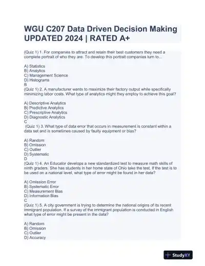 2024 WGU C207 Data Driven Decision Making Practice Exam With Answers (84 Solved Questions) - Page 1 preview image
