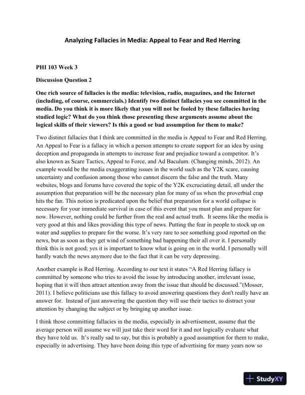 Analyzing Fallacies in Media: Appeal to Fear and Red Herring - Page 1 preview image