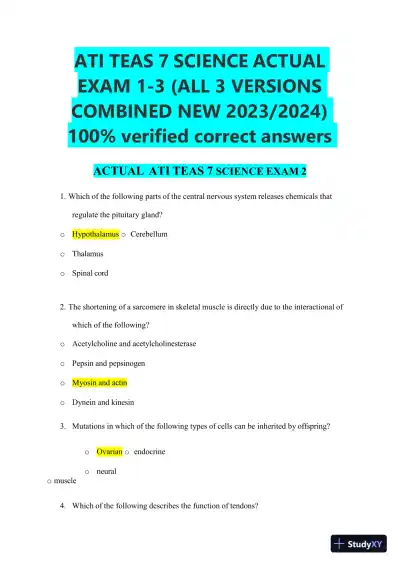 2023-2024 ATI TEAS 7 Science Versions 1-3 Actual Exam with Answers (44 Solved Questions) - Page 1 preview image