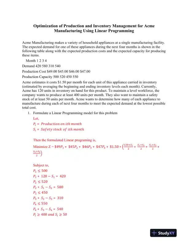Optimization of Production and Inventory Management for Acme Manufacturing Using Linear Programming - Page 1 preview image