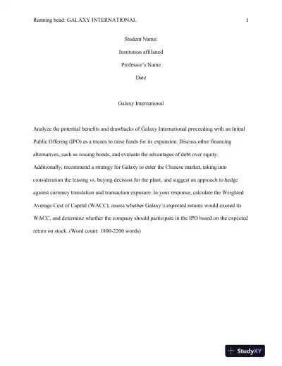 Financial Strategies for Global Expansion: Analyzing IPO, Debt Financing, and Market Entry for Galaxy International - Page 1 preview image
