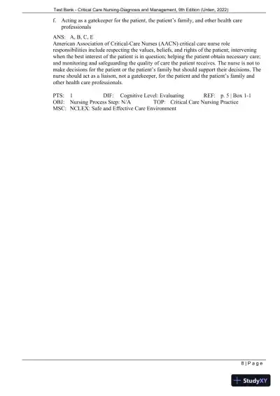 Test Bank for Critical Care Nursing: Diagnosis and Management, 9th Edition (Chapters 1-27) - Page 11 preview image