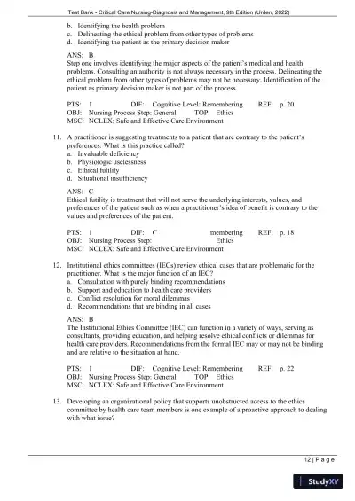 Test Bank for Critical Care Nursing: Diagnosis and Management, 9th Edition (Chapters 1-27) - Page 15 preview image