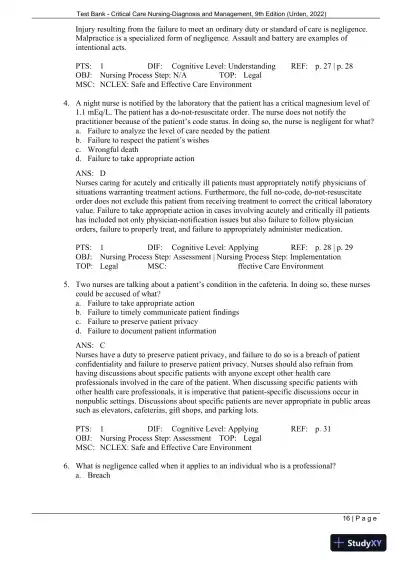 Test Bank for Critical Care Nursing: Diagnosis and Management, 9th Edition (Chapters 1-27) - Page 19 preview image