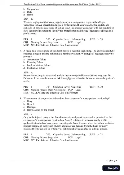 Test Bank for Critical Care Nursing: Diagnosis and Management, 9th Edition (Chapters 1-27) - Page 20 preview image