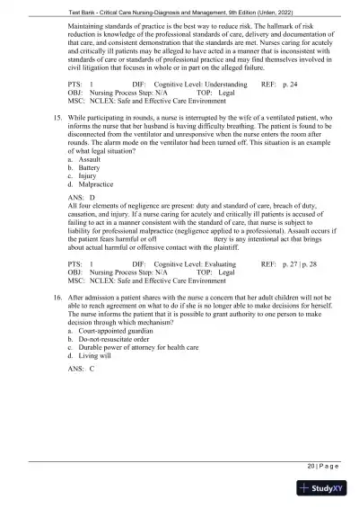 Test Bank for Critical Care Nursing: Diagnosis and Management, 9th Edition (Chapters 1-27) - Page 23 preview image