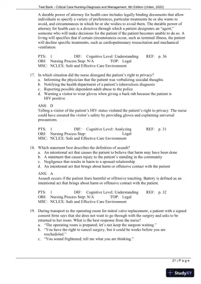 Test Bank for Critical Care Nursing: Diagnosis and Management, 9th Edition (Chapters 1-27) - Page 24 preview image