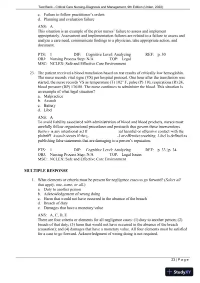 Test Bank for Critical Care Nursing: Diagnosis and Management, 9th Edition (Chapters 1-27) - Page 26 preview image