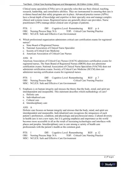 Test Bank for Critical Care Nursing: Diagnosis and Management, 9th Edition (Chapters 1-27) - Page 5 preview image