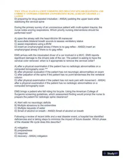 2023-2024 TNCC Final Exam 4 with Answers (1343 Solved Questions) - Page 14 preview image