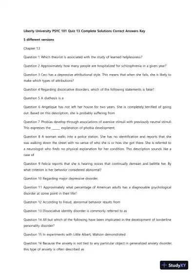 Liberty University PSYC 101 Quiz 13 Complete Solutions Correct Answers Key - Page 1 preview image