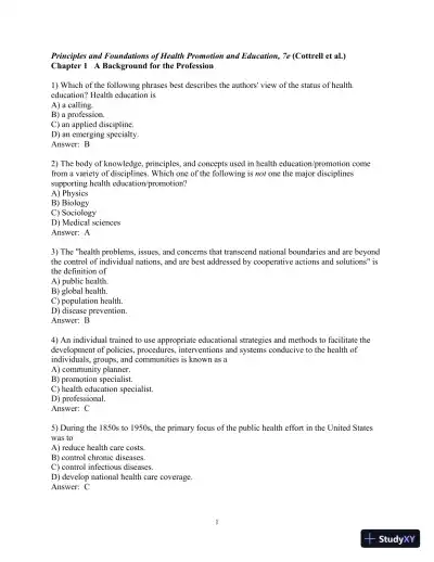 Test Bank for Principles and Foundations of Health Promotion and Education, 7th Edition - Page 1 preview image