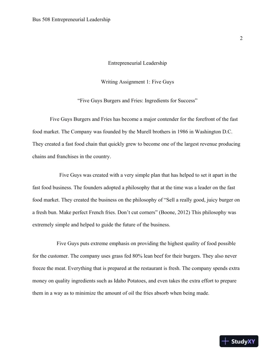 Bus 508 Entrepreneurial Leadership Writing Assignment 1: Five Guys, page 3