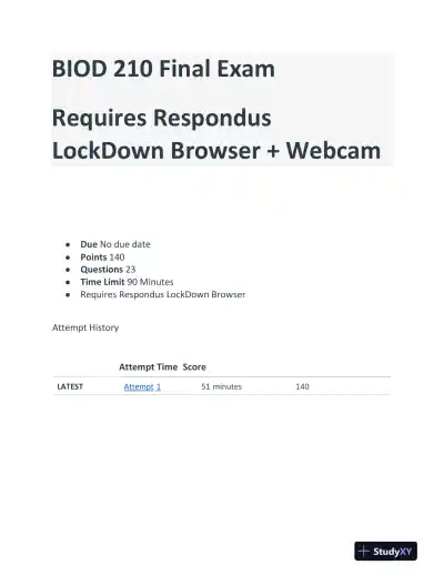 BIOD210 Anatomy and Physiology Final Exam With Answers (23 Solved Questions) - Page 1 preview image