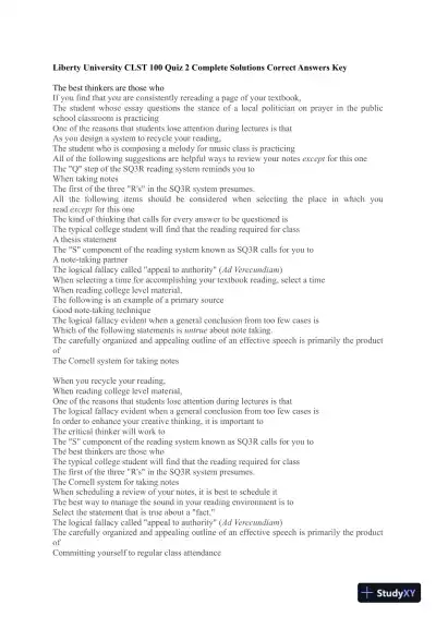 Liberty University CLST 100 Quiz 2 Complete Solutions Correct Answers Key - Page 1 preview image