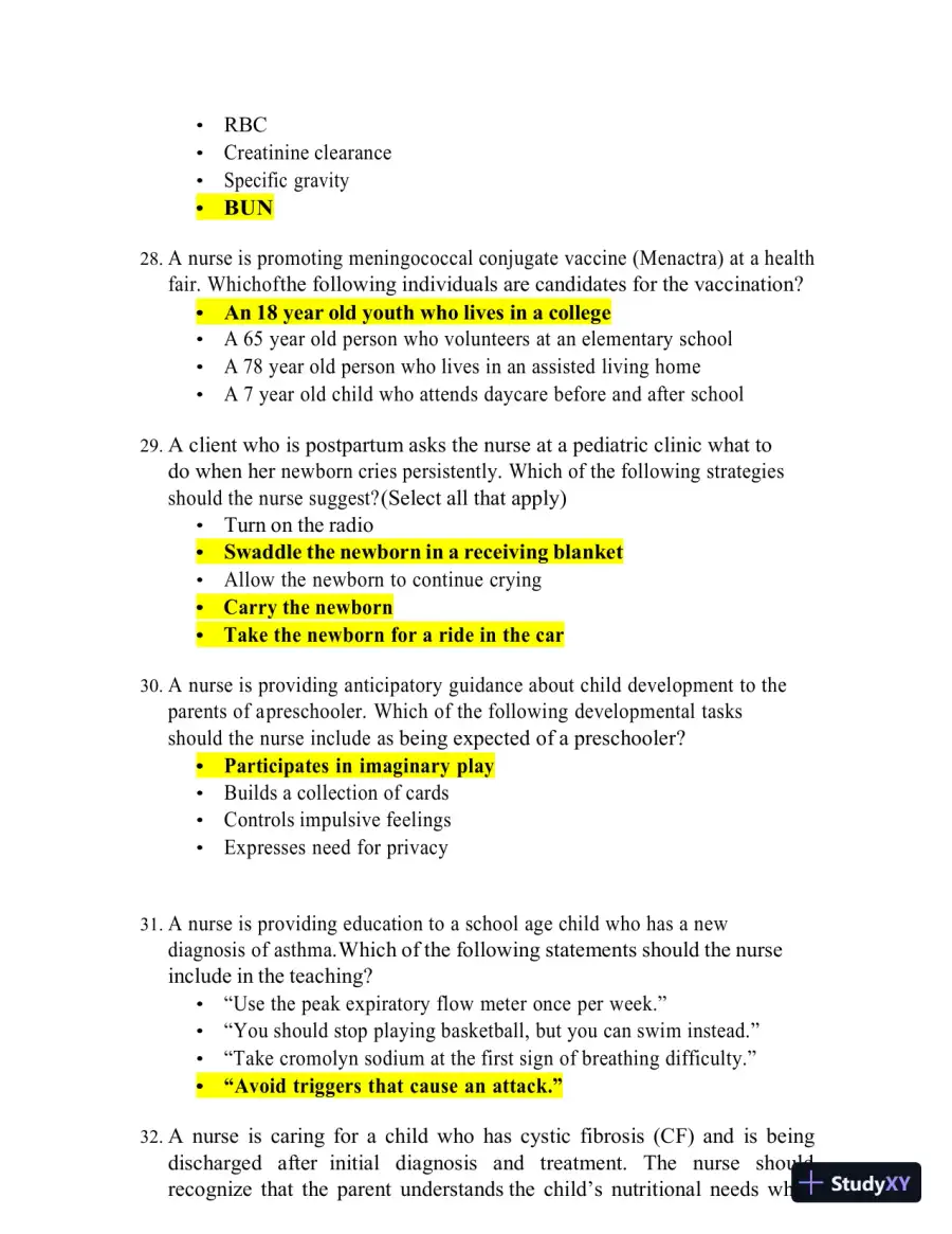 ATI Pediatrics Final Exam Study Guide with Answers (99 Solved Questions), page 12