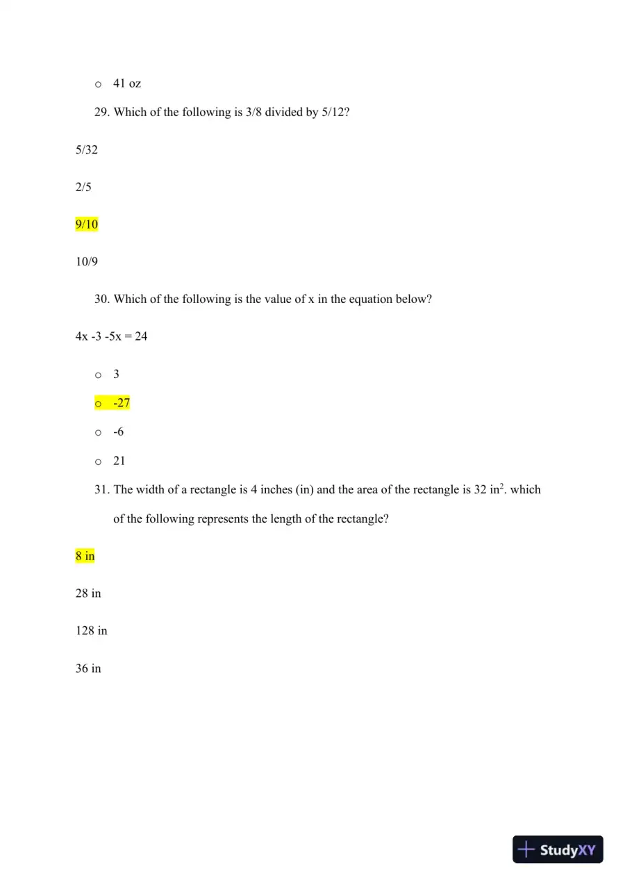 ATI Mathematics TEAS With Answers (92 Solved Questions), page 10