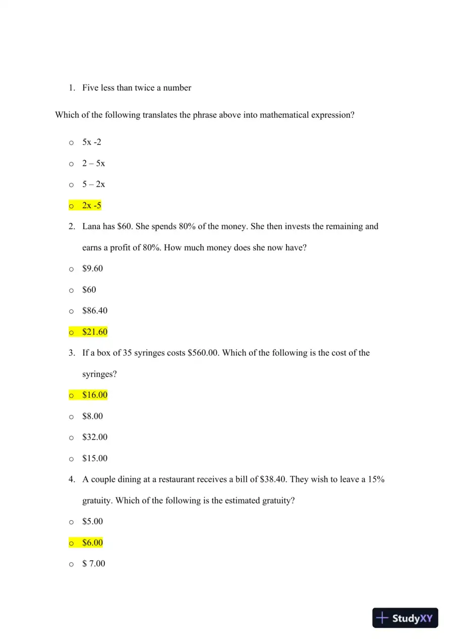 ATI Mathematics TEAS With Answers (92 Solved Questions), page 11