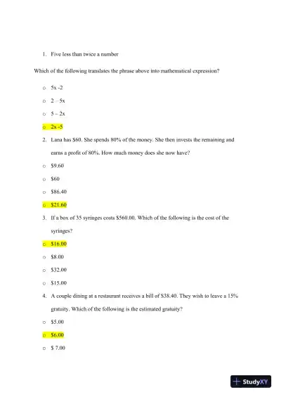 ATI Mathematics TEAS With Answers (92 Solved Questions) - Page 11 preview image