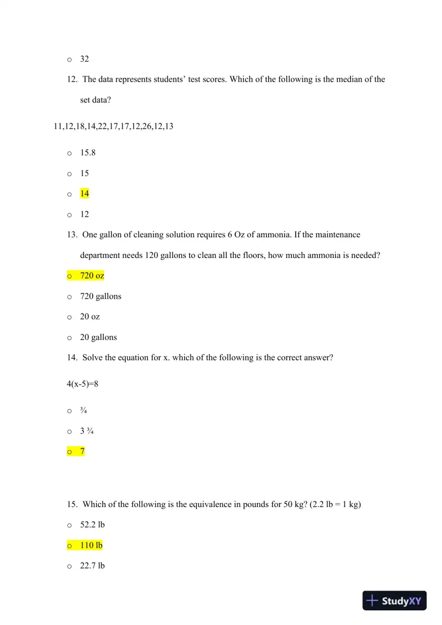 ATI Mathematics TEAS With Answers (92 Solved Questions), page 14