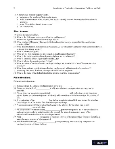 Test Bank For Introduction to Paralegalism: Perspectives, Problems and Skills, 8th Edition - Page 10 preview image