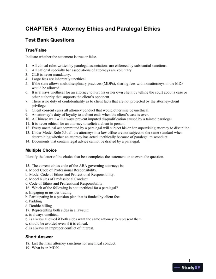 Test Bank For Introduction to Paralegalism: Perspectives, Problems and Skills, 8th Edition, page 12
