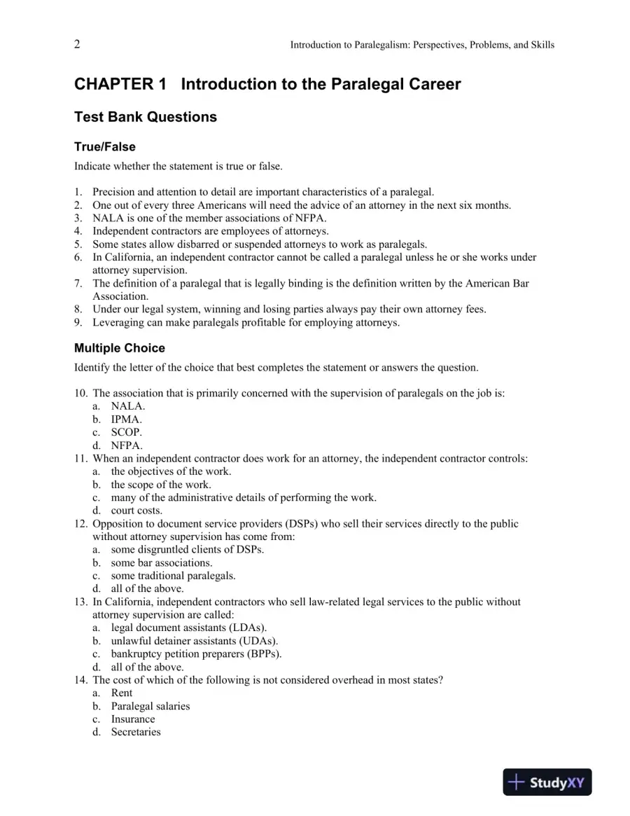 Test Bank For Introduction to Paralegalism: Perspectives, Problems and Skills, 8th Edition, page 3