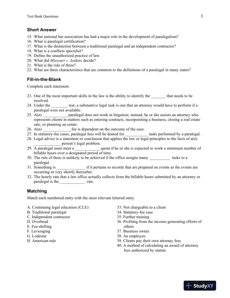 Test Bank For Introduction to Paralegalism: Perspectives, Problems and Skills, 8th Edition, page 4