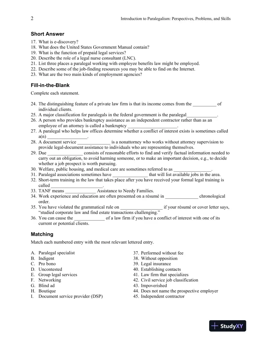 Test Bank For Introduction to Paralegalism: Perspectives, Problems and Skills, 8th Edition, page 6