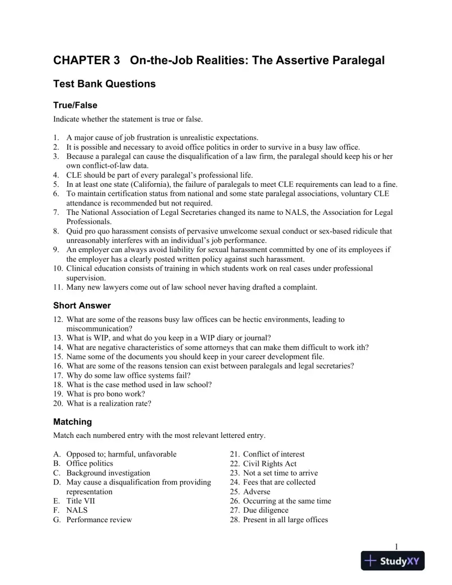 Test Bank For Introduction to Paralegalism: Perspectives, Problems and Skills, 8th Edition, page 7
