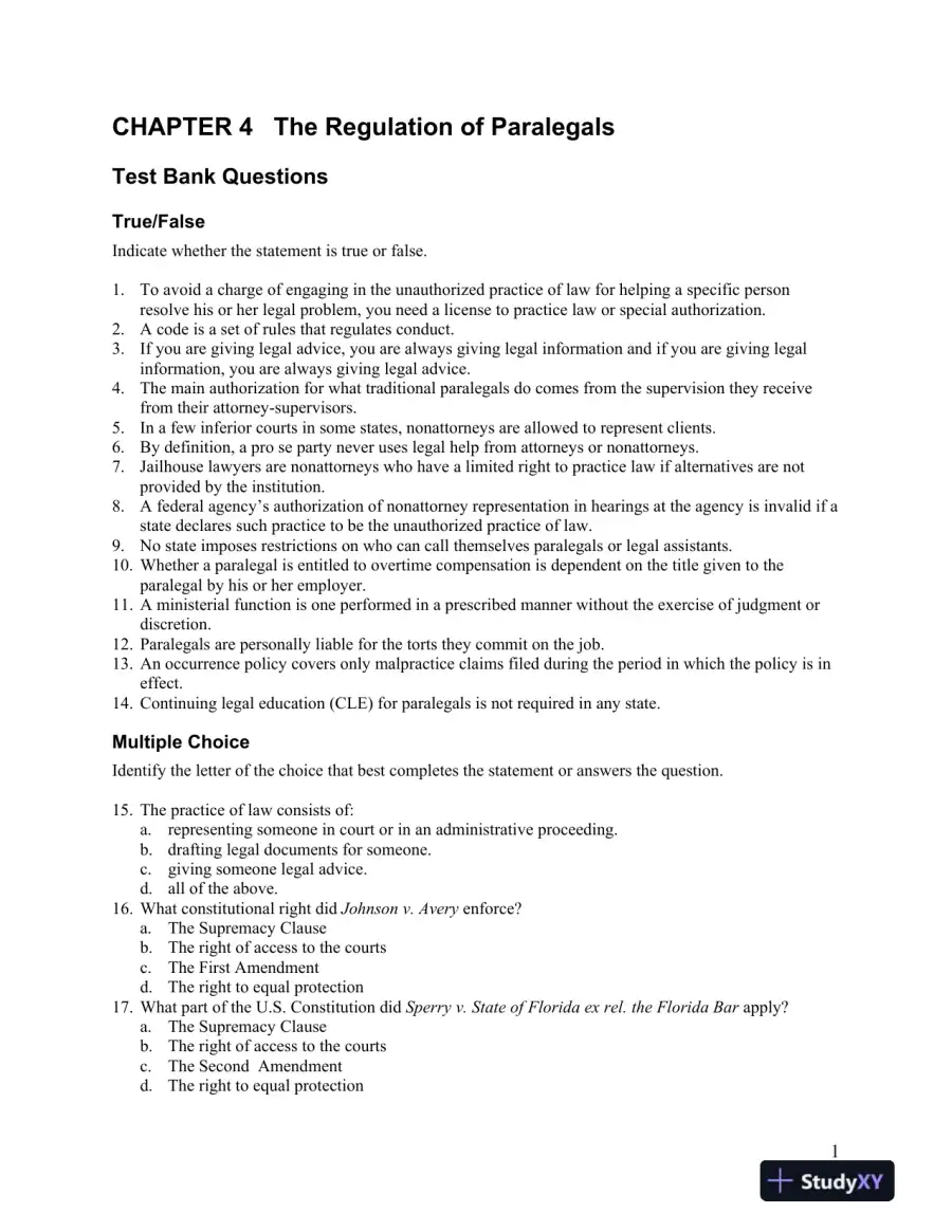 Test Bank For Introduction to Paralegalism: Perspectives, Problems and Skills, 8th Edition, page 9
