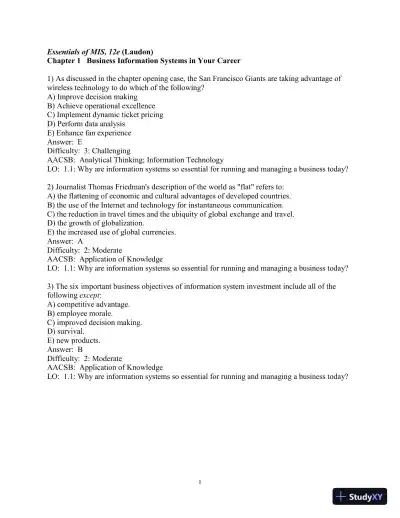 Test Bank for Essentials of MIS, 12th Edition - Page 1 preview image