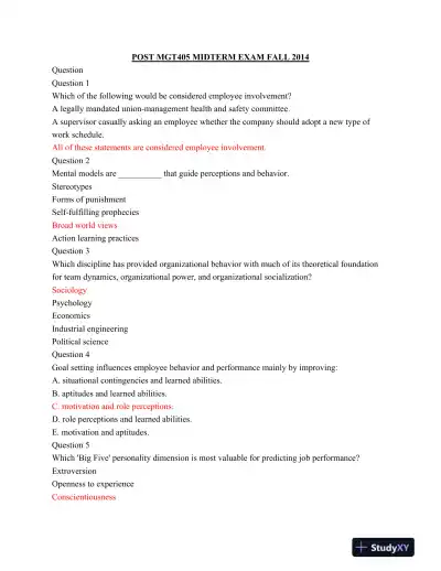 POST MGT405 Midterm Exam Fall 2014 - Page 1 preview image