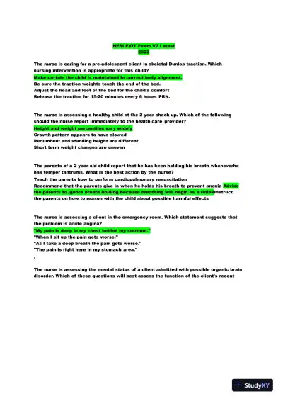 2022 HESI Child Care Exit Exam Version 2 With Answers (159 Solved Questions) - Page 1 preview image