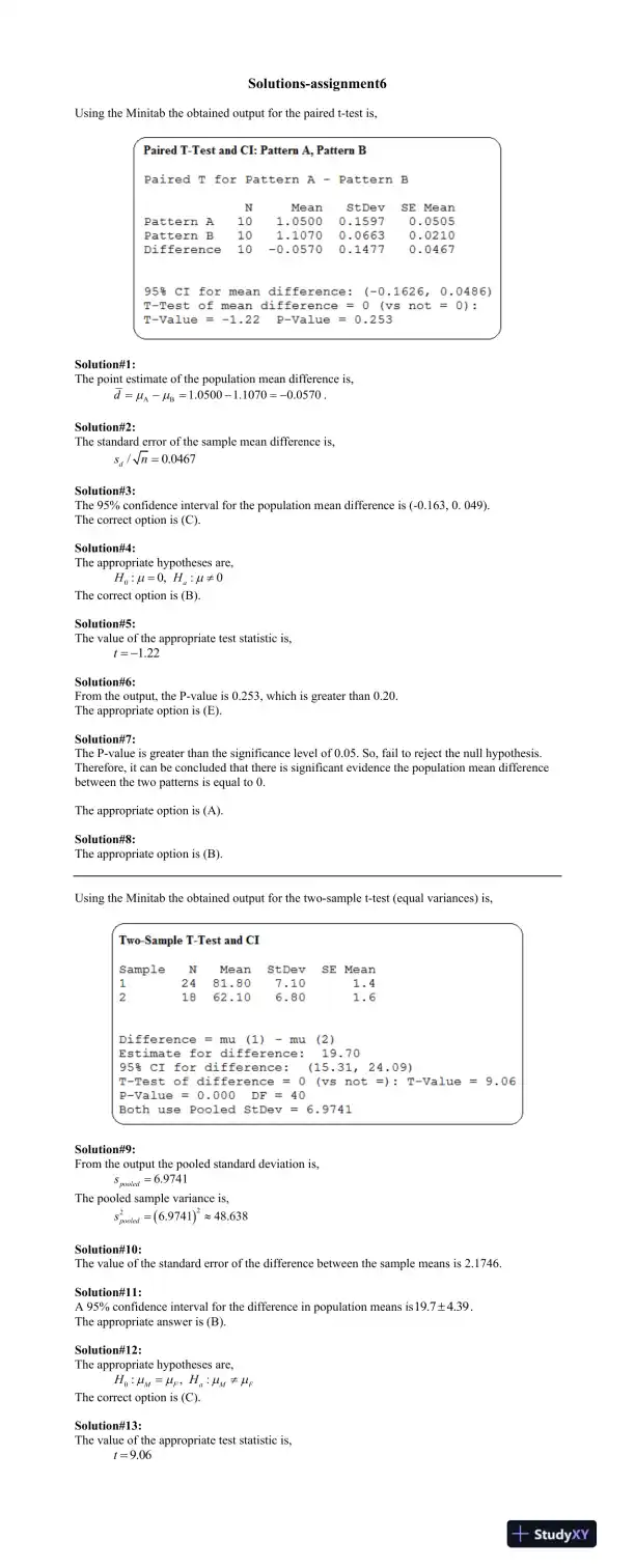 Statistical Analysis and Hypothesis Testing Solutions: Paired t-test, Two-Sample t-test, and Proportions: Solutions Assignment 6 - Page 1 preview image