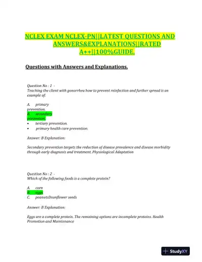 2023 NCLEX PN Physiological NGN Exam With Answers (200 Solved Questions) - Page 1 preview image