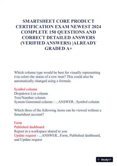 2024 Smartsheet Core Product Computer Science Certification Exam With Answers (113 Solved Questions) - Page 1 preview image