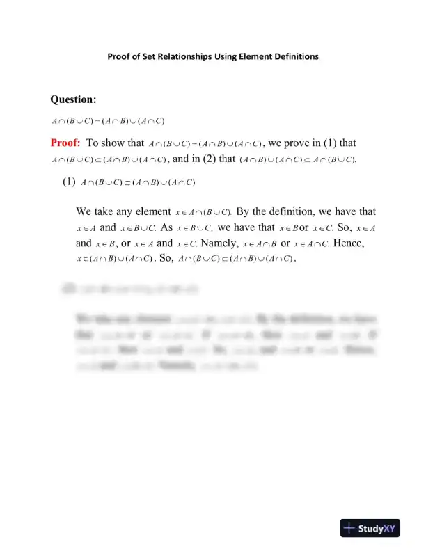 Proof of Set Relationships Using Element Definitions - Page 1 preview image