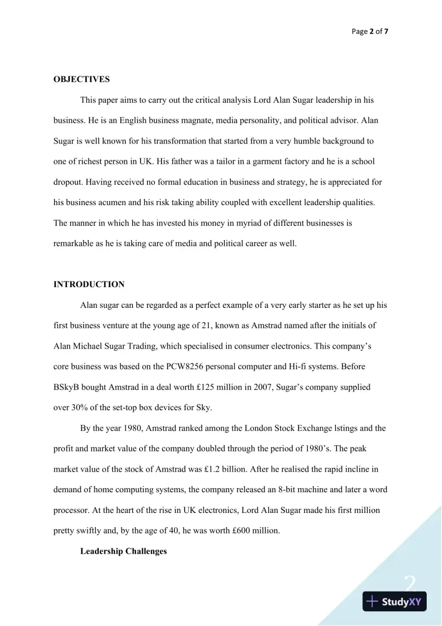 Analyzing Lord Alan Sugar's Leadership: A Critical Evaluation of His Entrepreneurial Journey and Leadership Styles, page 3