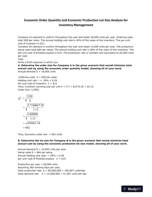 Economic Order Quantity and Economic Production Lot Size Analysis for Inventory Management - Page 1 preview image