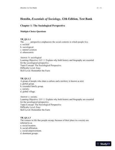 Test Bank For Essentials of Sociology 12th Edition Test Bank - Page 1 preview image