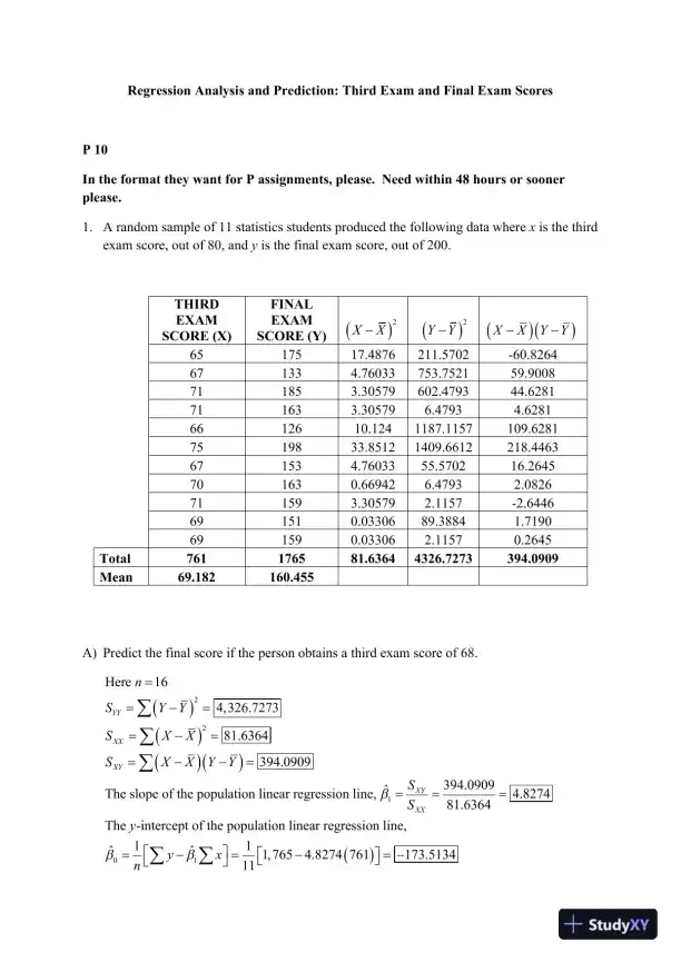Regression Analysis and Prediction: Third Exam and Final Exam Scores - Page 1 preview image