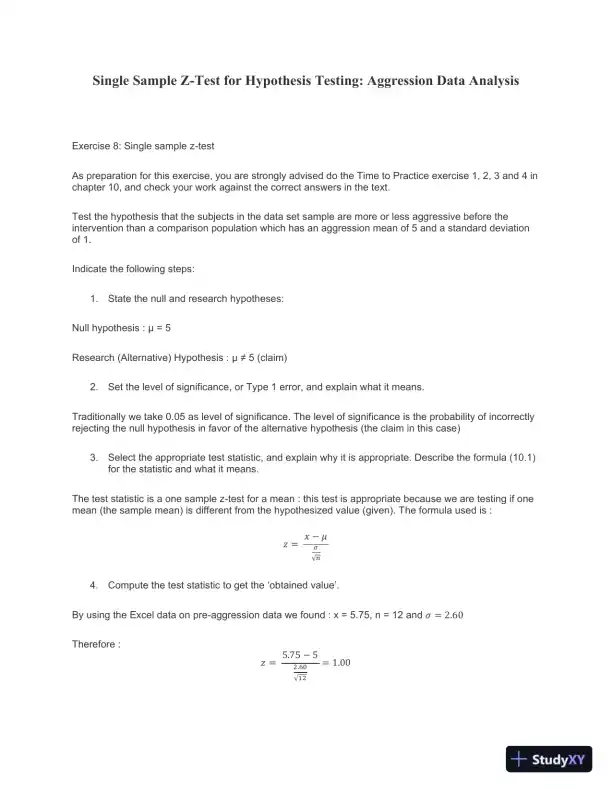 Single Sample Z-Test For Hypothesis Testing: Aggression Data Analysis - Page 1 preview image